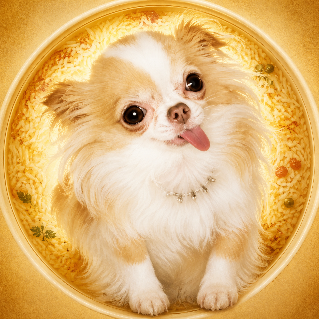 A playful portrait of Pilaf seated in a golden bowl of rice.